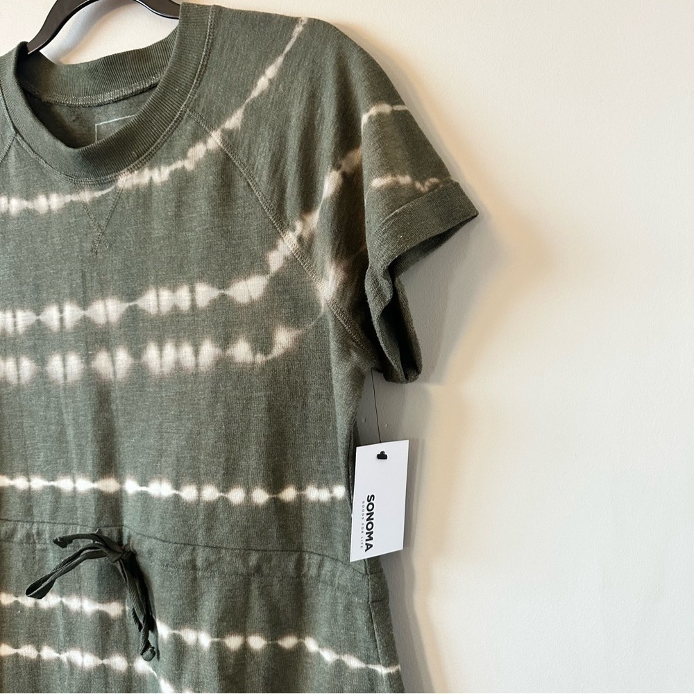 NWT-SONOMA OLIVE GREEN TIE DYE COTTON BLEND SHORT SLEEVE DRESS (Size:Large) - Picture 6 of 8